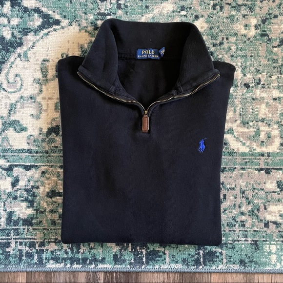 Polo Ralph Lauren Other - Polo Ralph Lauren Black Estate Ribbed Quarter Zip Jersey Top Large Blue Pony